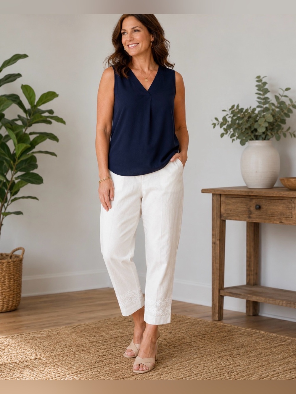 Pappagallo Linen Blend Pants Women’s 16 White Embroidered Cropped Ankle NWT